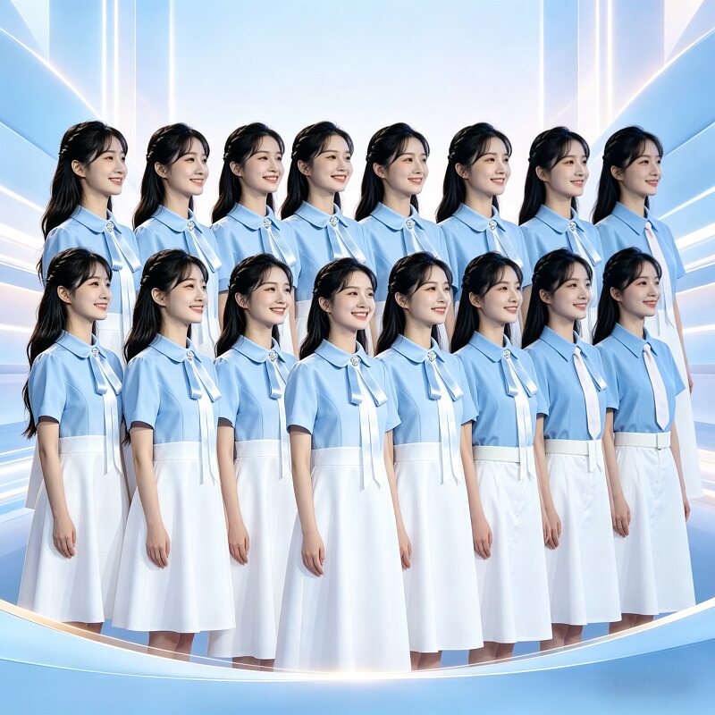 新款大合唱演出服男女学生蓝色图片