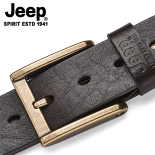 JEEP皮带真皮男复古铜扣头层纯牛皮休闲潮流牛仔针扣鸵鸟纹理腰带
