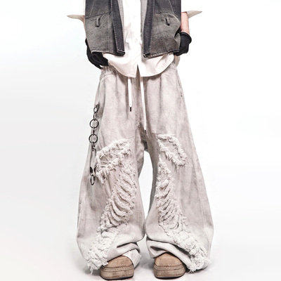 嘻哈潮牌白色泥染废土风牛仔裤