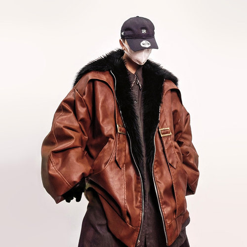 复古做旧翻领皮衣宽松座山雕皮草