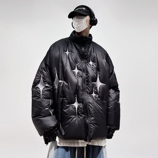 UUCSCC嘻哈潮牌刺绣棉服冬季 宽松保暖棉衣外套轻薄白鸭绒羽绒服男