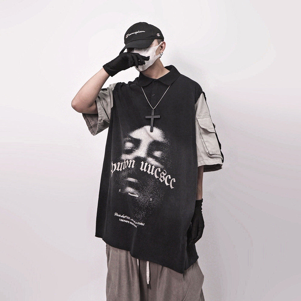 UUCSCC潮牌高街复古假两件印花短袖polo衫T恤宽松oversize五分袖,男装,T恤,淘宝优惠券,粉丝福利购,淘宝优惠卷