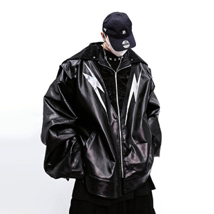 UUCSCC嘻哈潮牌PU皮衣飞行员夹克高街宽松oversize棒球服垫肩外套