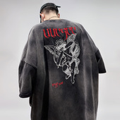 UUCSCC嘻哈潮牌刺绣五分袖 重磅半袖 复古水洗做旧短袖 T恤宽松大码