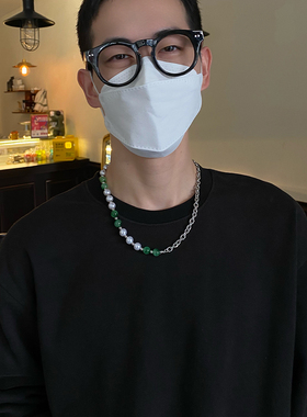 原创设计绿色玉石项链男冷淡风ins潮嘻哈短款中性钛钢小众穿搭T恤
