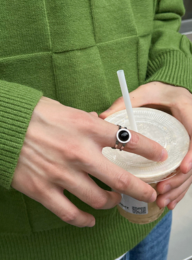 个性ins潮冷淡风开口戒指男高级感单身食指指环黑色钛钢男士绿色