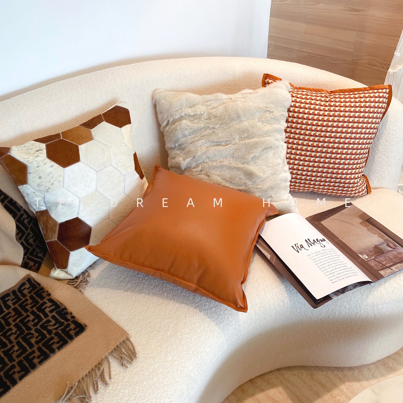 Texdream态度 橙色现代北欧轻奢皮草抱枕高级沙发客厅样板间靠枕,居家布艺,靠垫/抱枕,淘宝优惠券,粉丝福利购,淘宝优惠卷