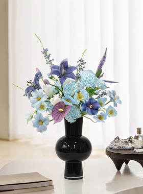 石源中世纪无障碍豪华黑曜石玻璃花瓶高端客厅餐桌装饰牡丹玻璃插