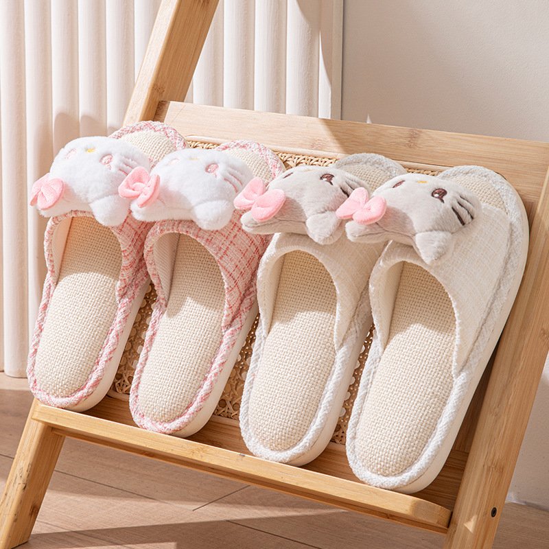 进口卡通亚麻拖鞋女春秋韩版可爱甜美居家透气防滑kitty猫拖鞋女