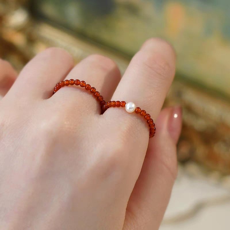 进口天然南红玛瑙珍珠戒指叠戴素圈高级小众本命年转运食指戒闺蜜