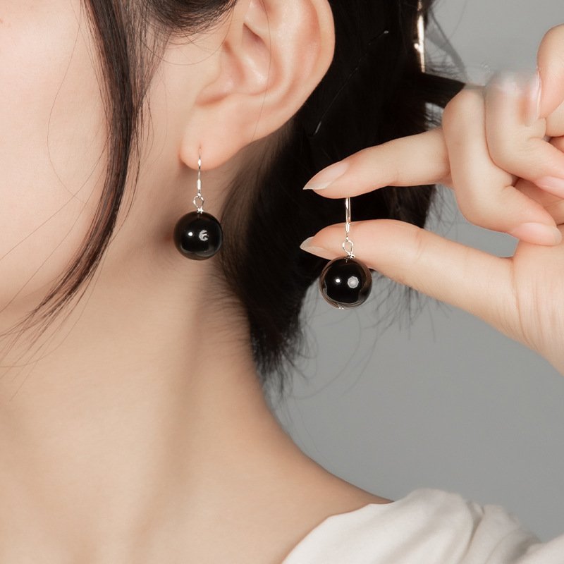 进口黑曜石耳环女s925银耳钩防耳坠圆珠黑色气质款耳饰圆形