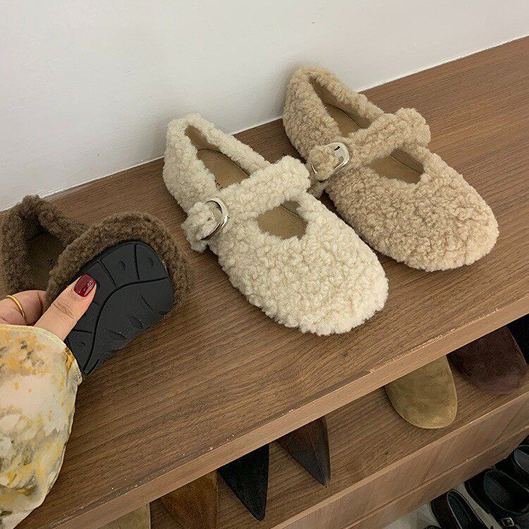 甜美感十足~奶白色加绒玛丽珍毛毛鞋女冬羊羔毛平底保暖豆豆棉鞋