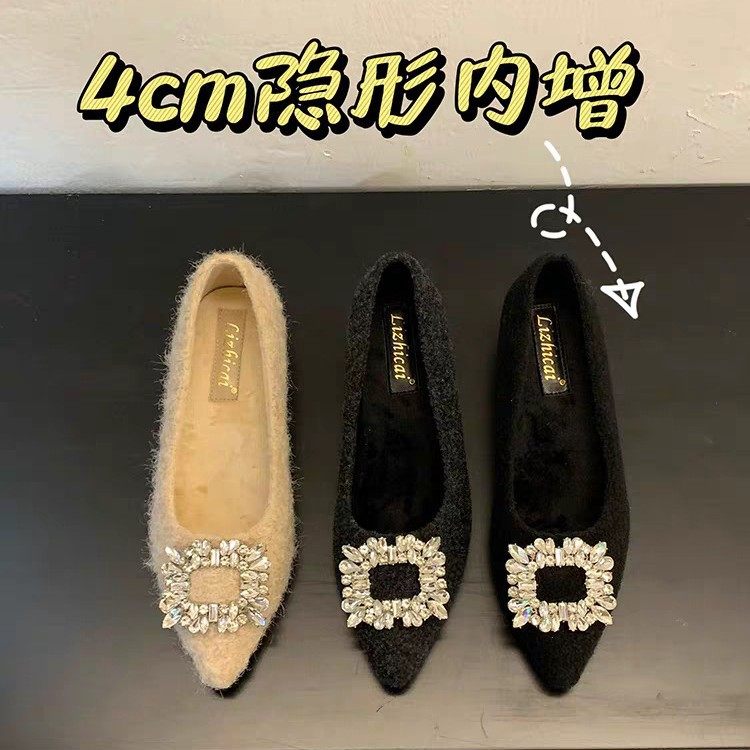法式尖头单鞋女2025秋冬新款温柔风毛毛鞋女外穿加绒保暖平底鞋