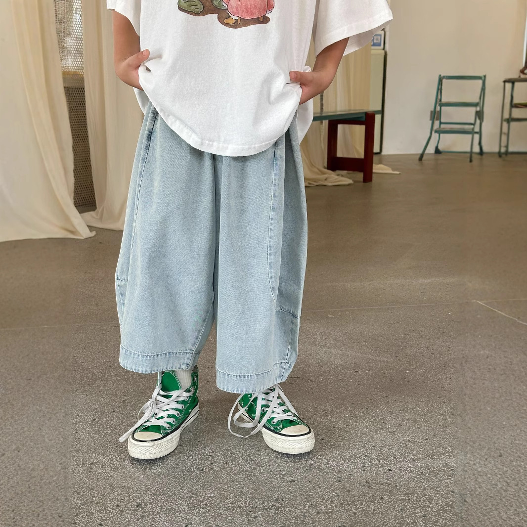 2025夏季新款韩版儿童轻薄牛仔弯刀裤男女童宽松软糯阔腿9分裤潮
