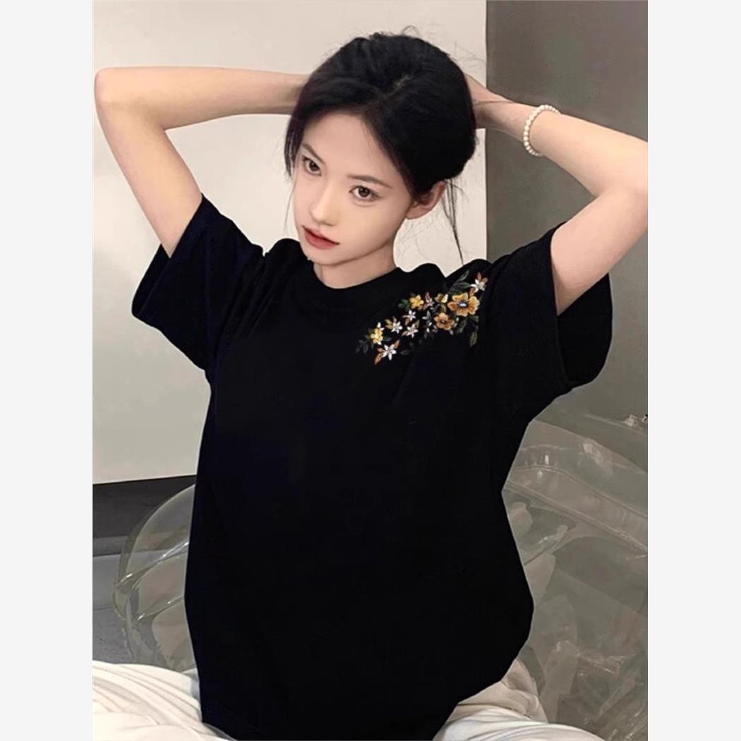 黑色纯棉短袖t恤女2025新款夏季美式宽松正肩设计感半袖体恤上衣