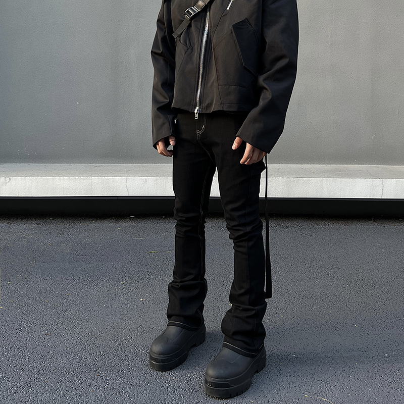 vibe风潮黑色微喇叭牛仔裤修身