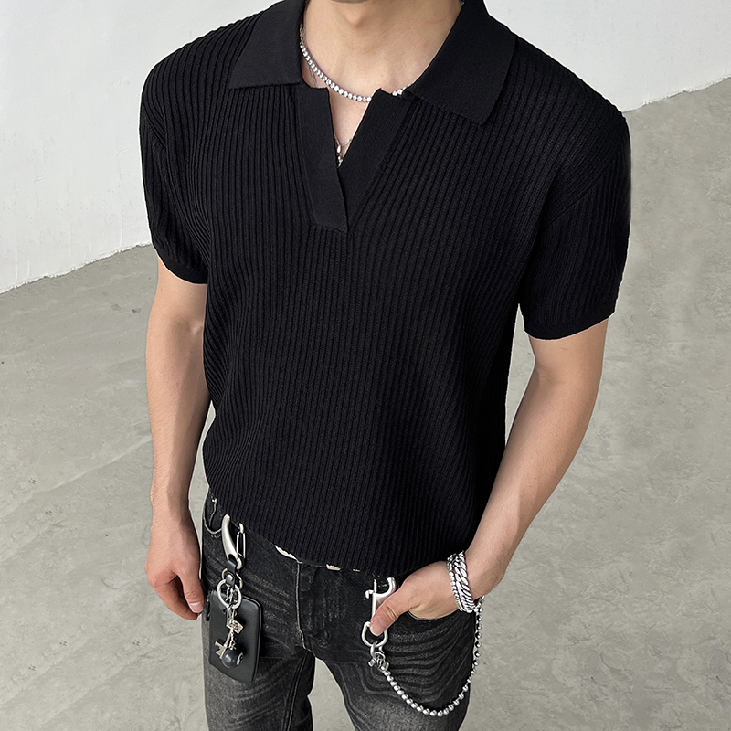 BLAEXIT复古老钱风条纹肌理感翻领短袖男针织POLO衫修身正肩T恤