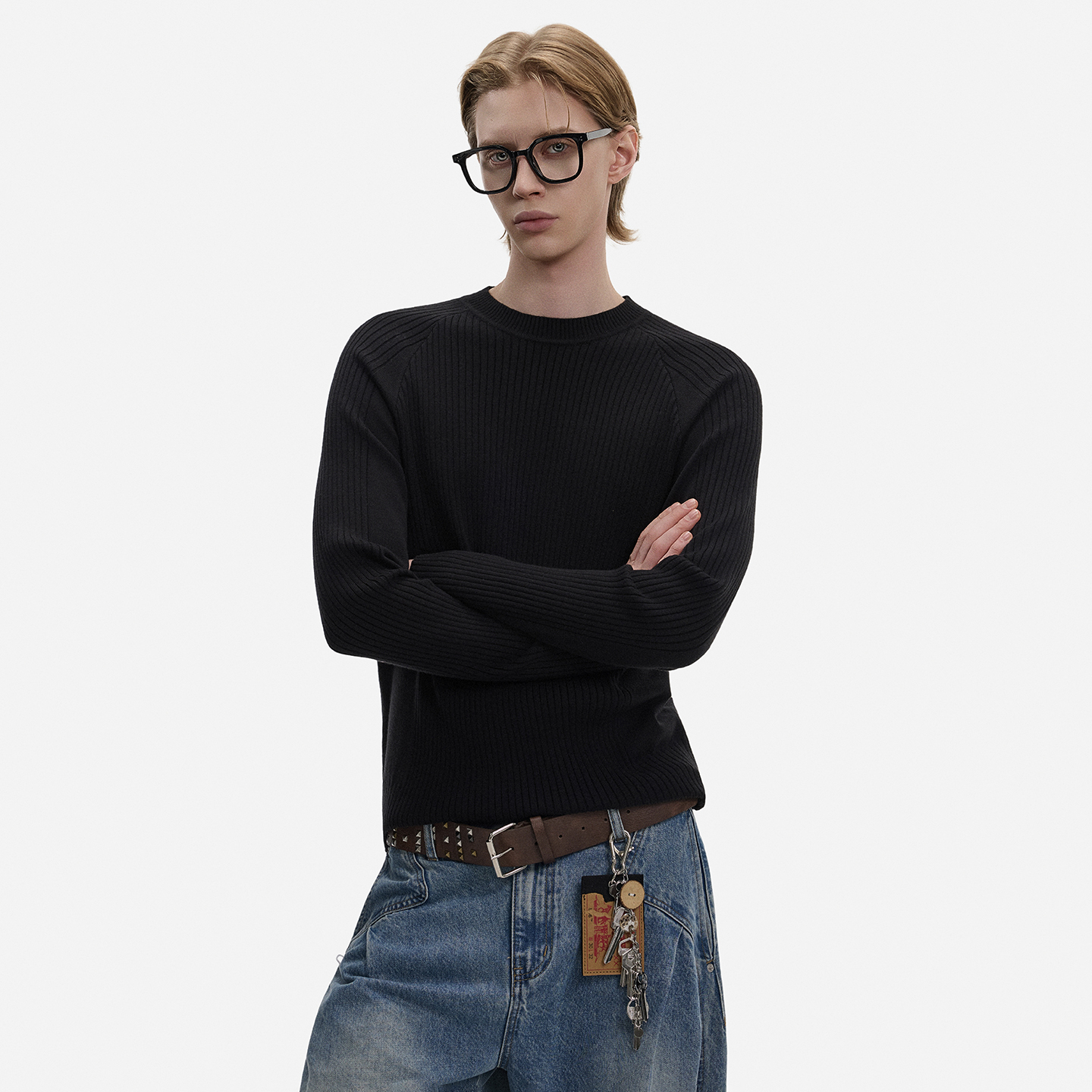 BLAEXIT美式黑色修身毛衣男坑条针织衫cleanfit正肩弹力打底长袖