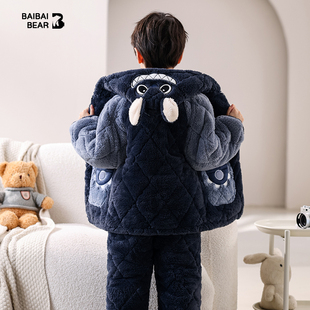 摆摆熊男童睡衣珊瑚绒加厚法兰绒三层夹棉冬款加绒家居服冬季保暖