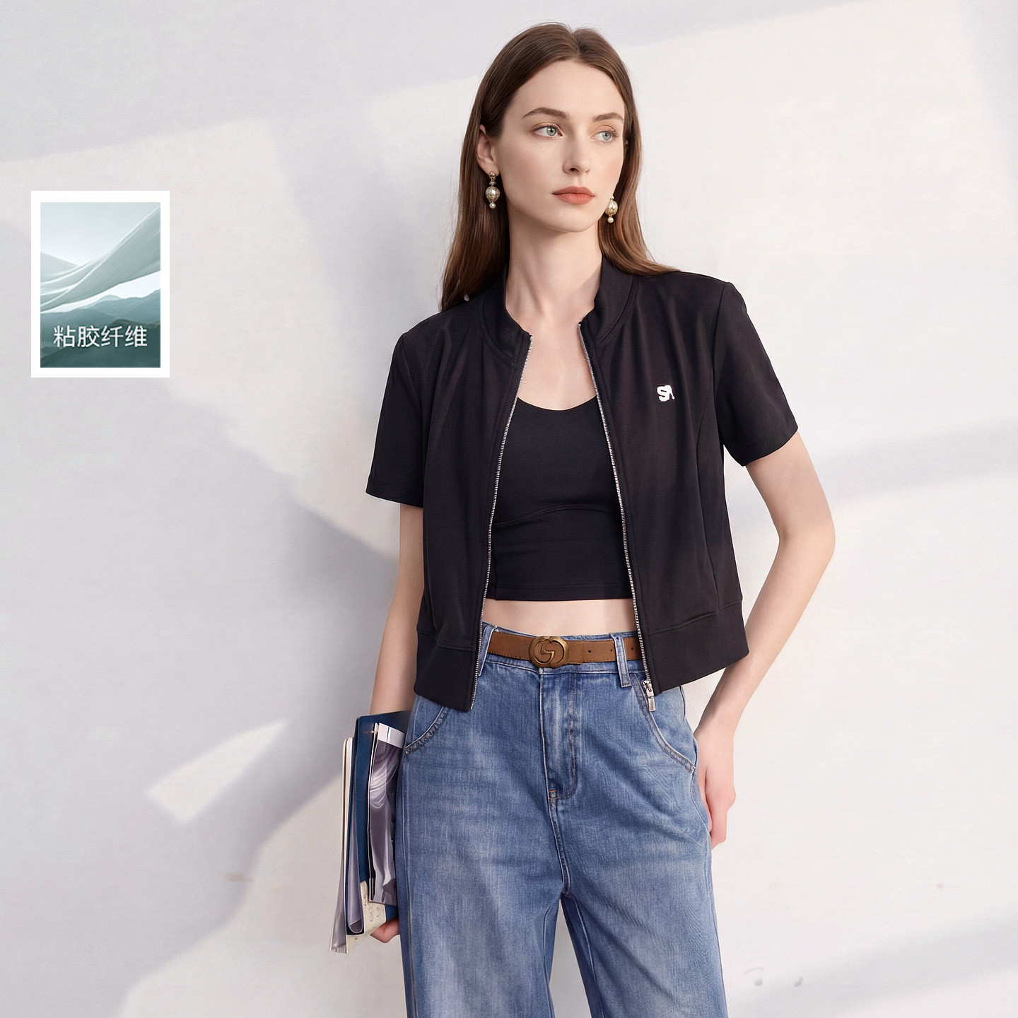 丽雪leisure2026夏季新款立领开衫短袖外套短款休闲女图片