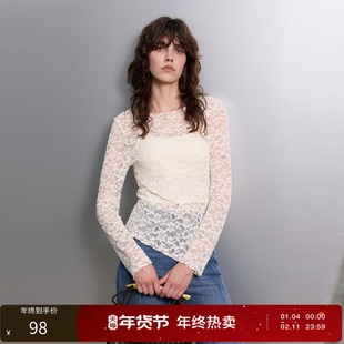 三彩丽雪leisure2025冬新款不规则设计修身显瘦蕾丝花边T恤打底衫