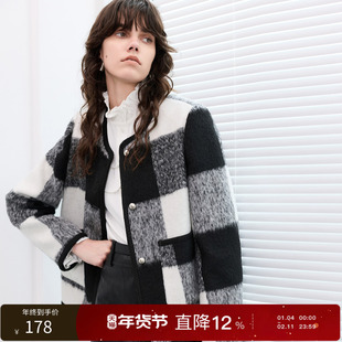 丽雪leisure2025冬季新款短款呢大衣格纹毛呢外套圆领复古女