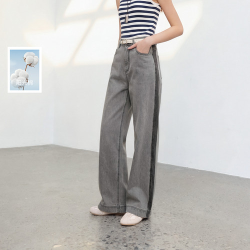 丽雪leisure2026夏季新款撞色牛仔裤宽松阔腿裤长裤女