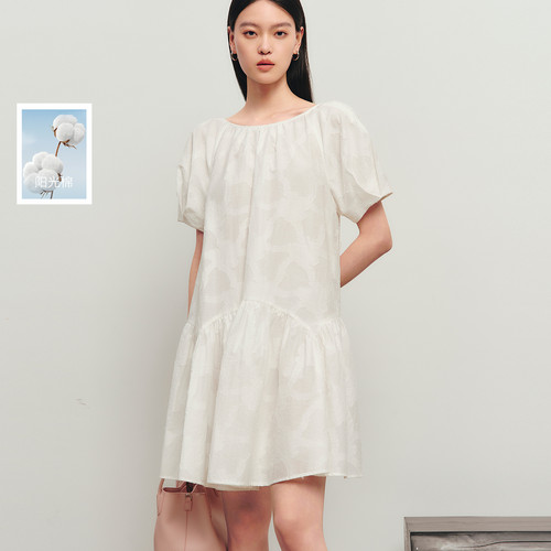 丽雪leisure2026夏季新款提花连衣裙圆领插肩袖短裙女