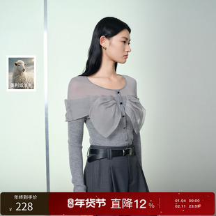 【绵羊毛】丽雪leisure2026春季新款蝴蝶结圆领修身针织衫女