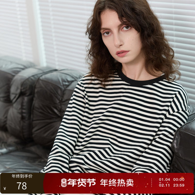 【159元任选2件】丽雪leisure2025冬季新款宽松休闲条纹T恤上衣落