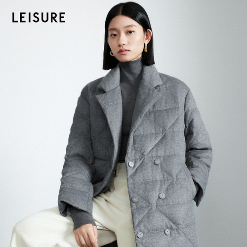 高智轻奢系列 丽雪LEISURE羊毛混纺西装领长款羽绒服2024冬季新款
