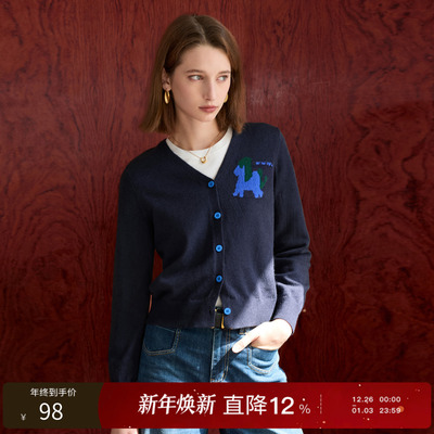 丽雪leisure2025冬季新款V领开衫针织衫长袖单排扣提花毛衫女