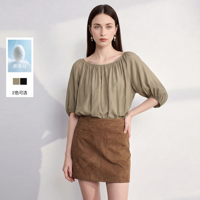 三彩丽雪leisure2026夏季新款纯色小衫圆领五分袖通勤女