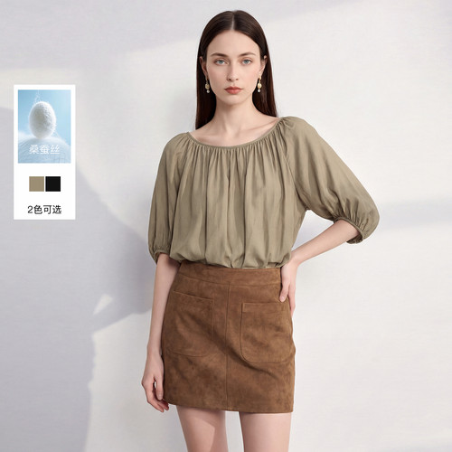三彩丽雪leisure2026夏季新款纯色小衫圆领五分袖通勤女