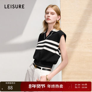 【159元任选2件】丽雪leisure2025秋季新款黑白条纹Polo领无袖针