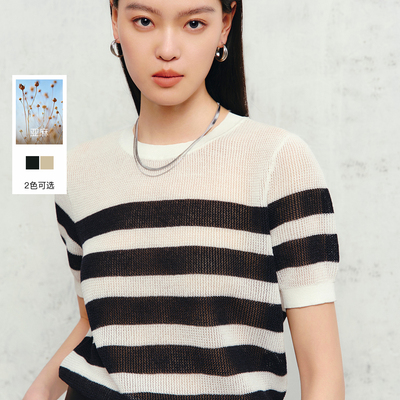 丽雪leisure2026夏季新款条纹针织衫圆领短袖毛衫女