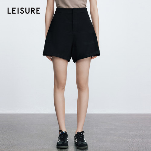 三彩丽雪leisure百搭条纹直筒裤通勤高腰A字短裤设计感裤装女