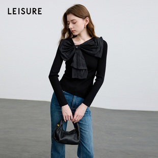 丽雪leisure2025春季新款莱赛尔修身针织衫蝴蝶结设计感上衣