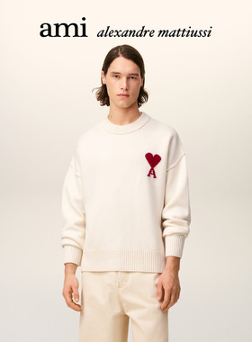 Ami Paris男女同款红色ADC美利奴羊毛圆领毛衣