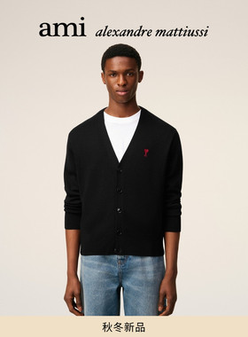 【秋冬新品】Ami Paris 男士红色ADC美利奴羊毛开衫 爱心V领外套