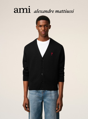 Ami Paris 男士红色ADC美利奴羊毛开衫 爱心V领外套