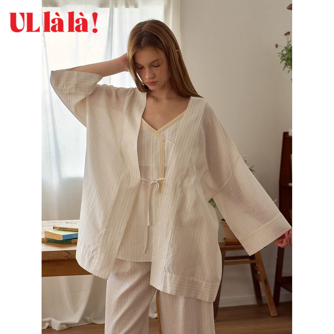 Ullala法式纯棉V领系带睡袍女款