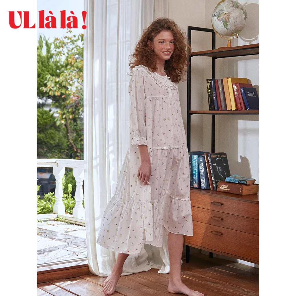 ULLALA韩国乌拉拉进口少女春秋季纯棉精致睡裙甜美七分袖家居睡裙