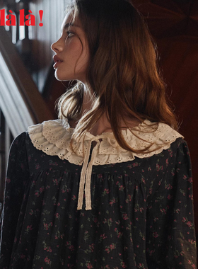 Ullala乌拉拉韩国进口复古娃娃领碎花睡衣女秋冬圆领家居服甜美