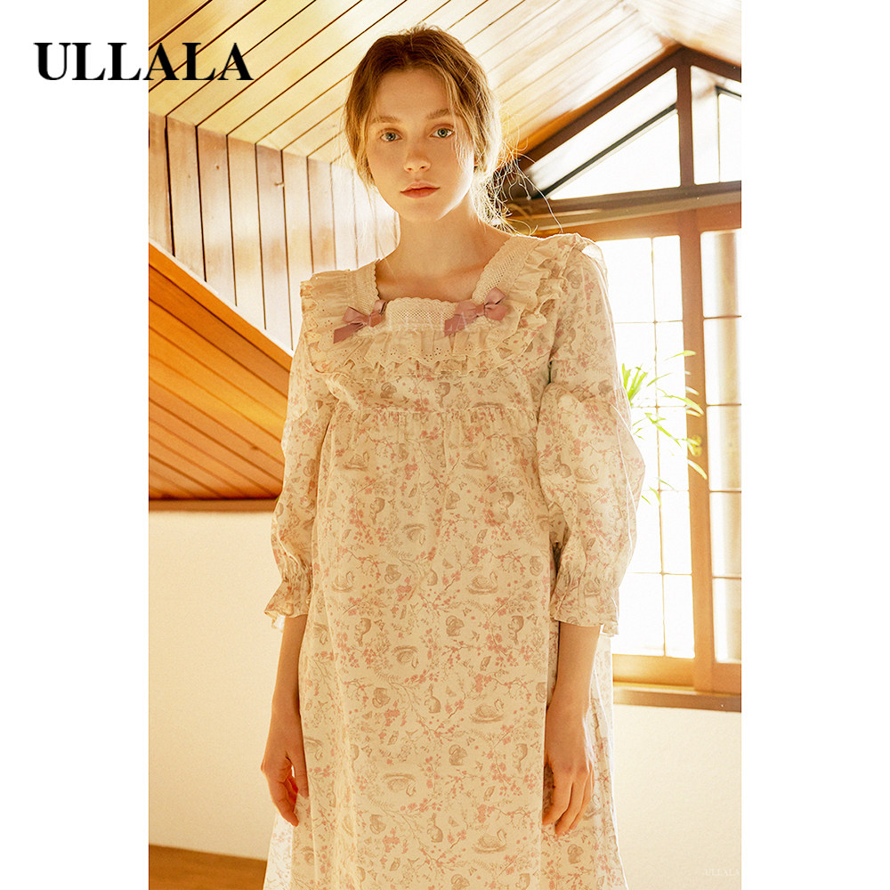 Ullala韩国乌拉拉女家居服睡衣中长睡裙碎花薄款春方领蝴蝶结纯棉