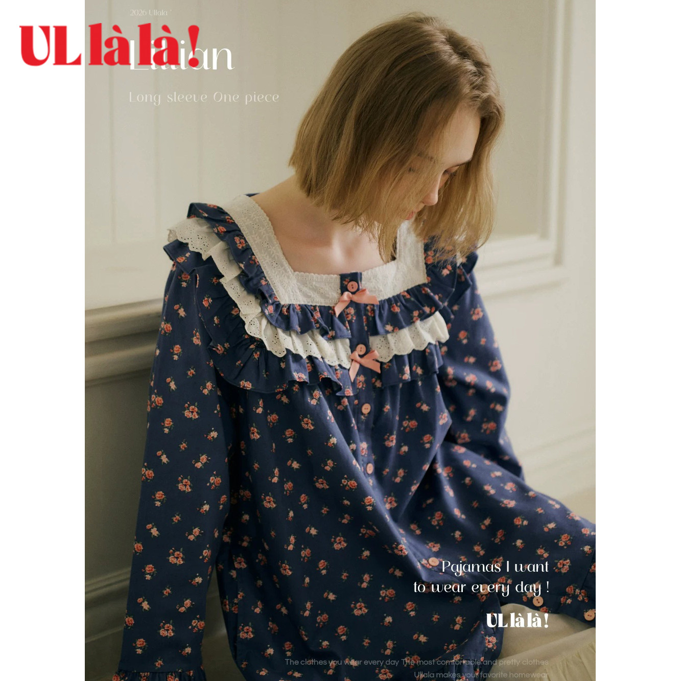 Ullala进口乌拉拉复古甜美方领碎花睡裙女长袖减龄显瘦家居中长裙