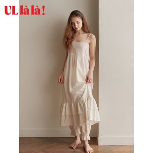 Ullala韩国乌拉拉家居睡裙刺绣长裙内搭衬裙纯棉薄款女吊带薄款裙
