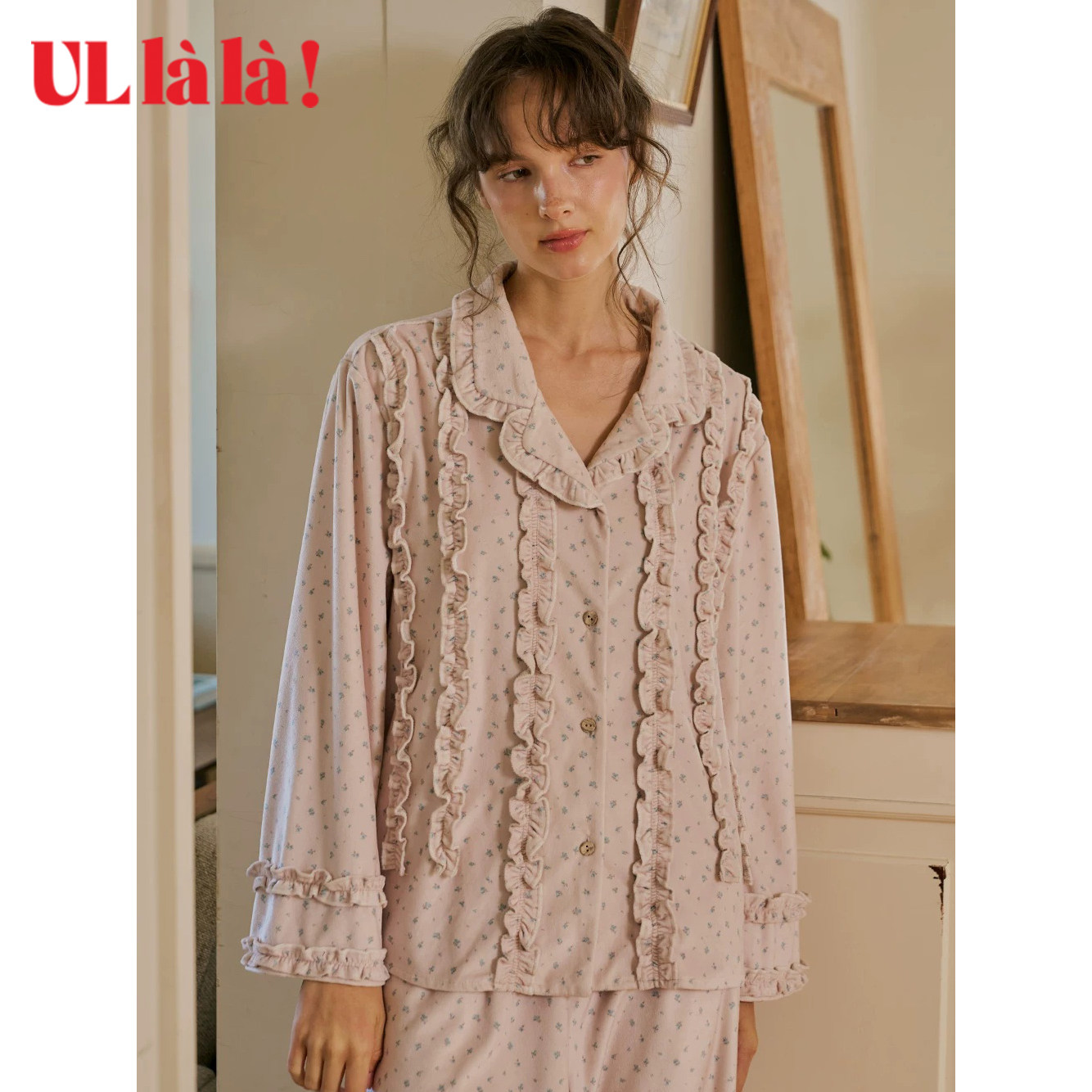 Ullala加绒韩国进口简约法兰绒保暖睡衣女长袖翻领家居服套装秋冬
