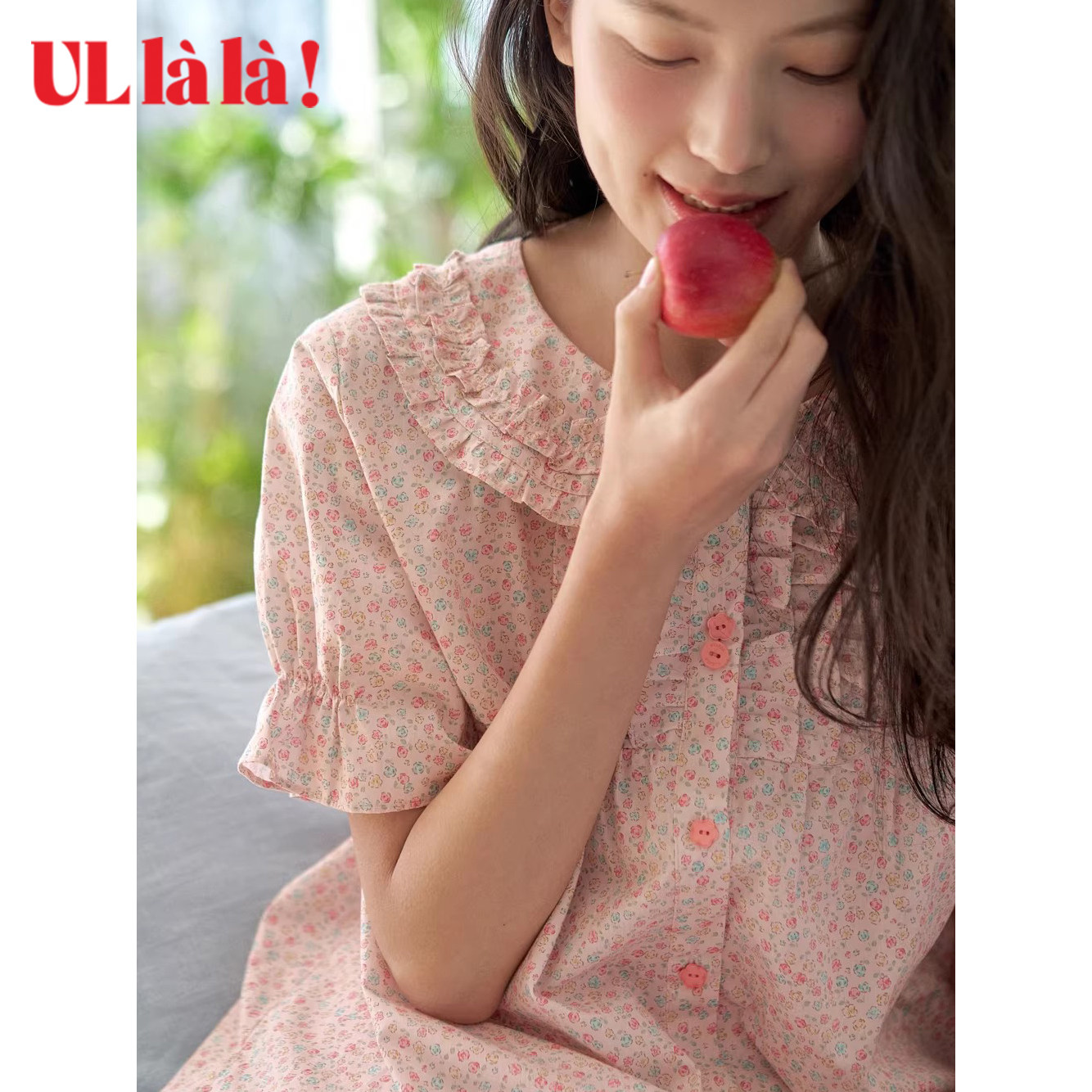 Ullala乌拉拉甜美女碎花娃娃领短袖短裤家居服套装夏款纯棉睡衣薄