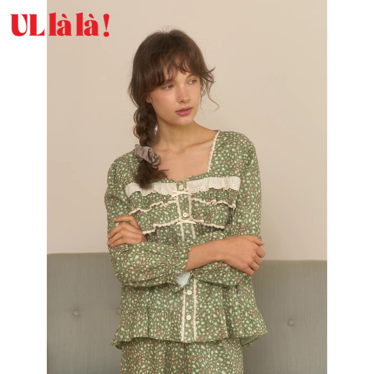 Ullala韩国进口纯棉长袖长裤花睡衣女秋冬轻磨毛家居服套装乌拉拉